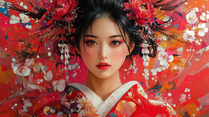 Femme japonaise en kimono rouge par Jordan