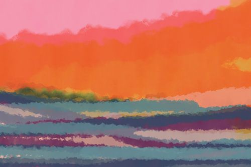 Eigentijds abstract kleurrijk landschap in neon oranje, roze, blauw.