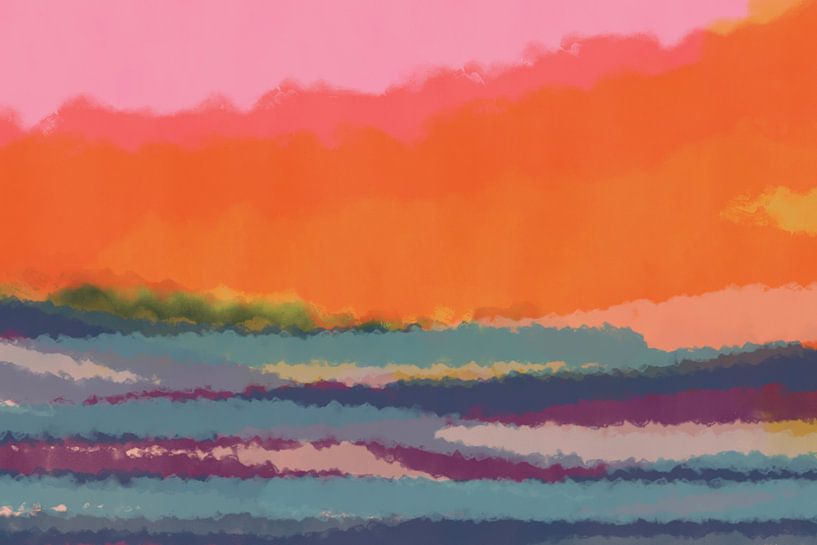 Paysage abstrait contemporain coloré en néon orange, rose, bleu. par Dina Dankers