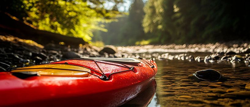 Red kayak on the calm riverbank by Poster Art Shop