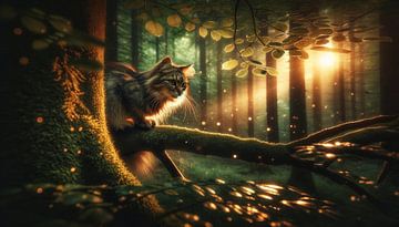Lynx observeert het bosleven bij zonsondergang van artefacti