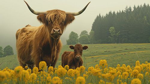 Les Highlanders écossais : parmi les boutons d'or