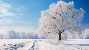Baum mit Frost in einer magischen Winterlandschaft mit Schnee und blauem Himmel