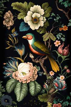 Kleurrijke vogel met bloemen van Digitale Schilderijen