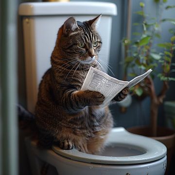 Tabby cat stands on the toilet and reads the newspaper by Felix Brönnimann