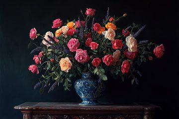 Romantisch boeket van rozen met lavendel in een porseleinen vaas van MArt