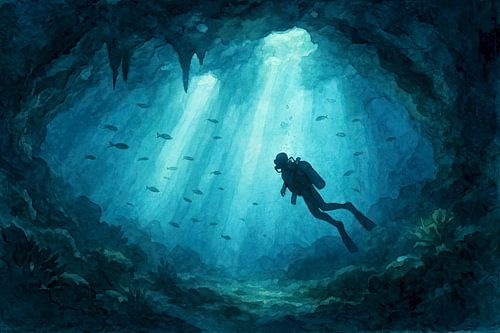 Scuba diver in underwater cave (AI) (cave, adventure, mysterious, fishing, sport, painting)