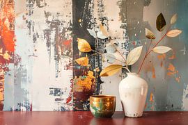 Nature morte moderne en techniques mixtes : Vase avec branches.