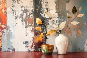 Modernes Stilleben in Mischtechnik: Vase mit Zweigen.