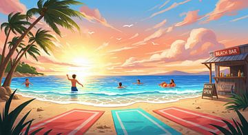 Zonsondergang op het strand met mensen, handdoeken en strandbar. van Markus Gann