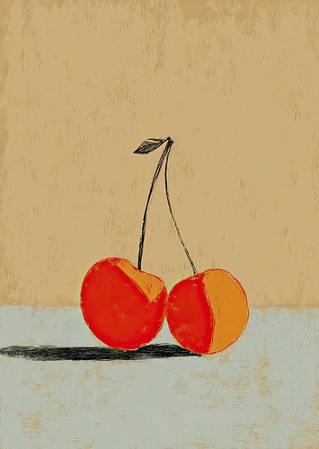 Two cherries on a light blue background