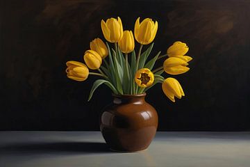 Tulipes jaunes dans un vase brun sur De Muurdecoratie