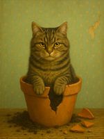 Kunstdruk - Charmante kattenkunst - Kattenillustratie - Bloempot