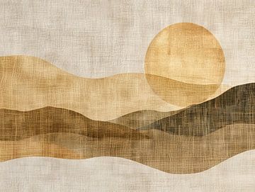 Abstract Landschap Schilderij | Calm Sands under Golden Sky van Modern Collection