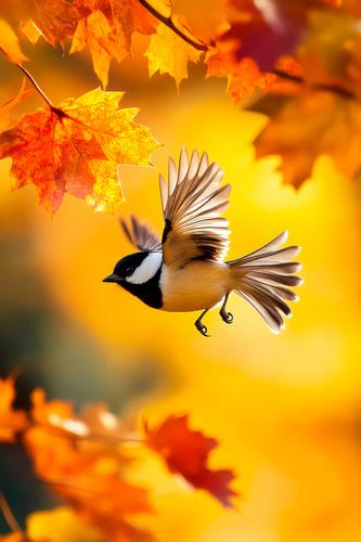 Vogel im Herbstflug zwischen Blättern