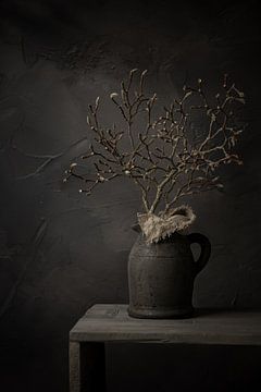 Nature morte avec branche de magnolia en bourgeon dans un pot en pierre (vertical) sur Mayra Fotografie