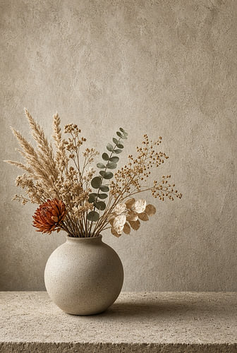 Nature morte « Japandi » avec des fleurs séchées