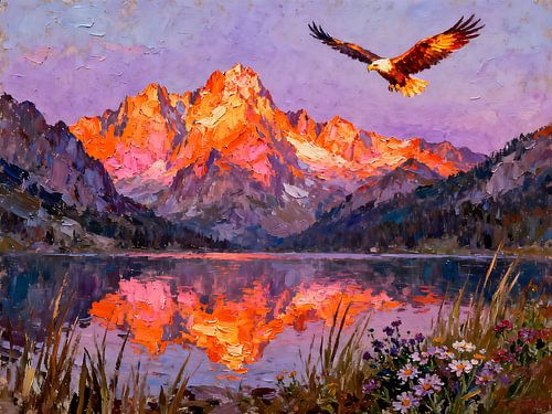 An eagle above the mountain lake