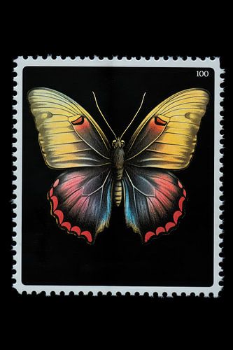 Timbre-poste vintage - Papillon jaune rouge fond noir
