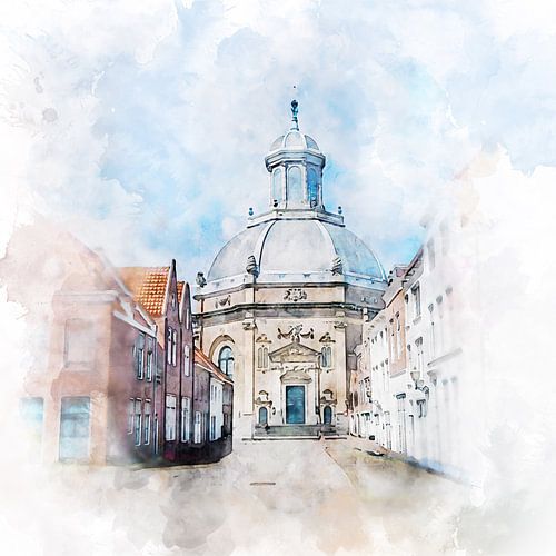 Watercolour painting of the Oostkerk church in Middelburg, Zeeland.
