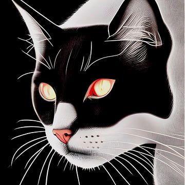 Zwart witte kat met rode vuur ogen - digital art print van Lily van Riemsdijk - Art Prints with Color