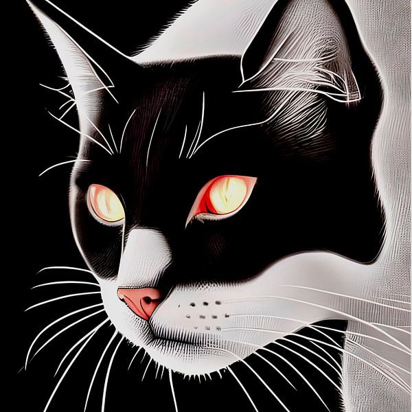 Chat noir et blanc avec des yeux de feu rouges - impression d'art numérique par Lily van Riemsdijk - Art Prints with Color