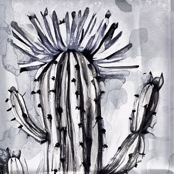 Blühender Vintage-Kaktus in Grau-Blau von Anna Marie de Klerk