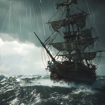 Pirate ship in stormy sea water by MNS Designs