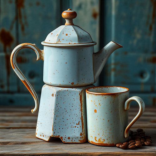 Een oude zacht blauw koffiepot met mok.