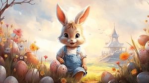 Osterhase auf einer Frühlingswiese im Wasserfarben Design