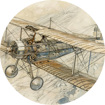 Gedetailleerde tekening van een vintage tweedekker vliegtuig - 