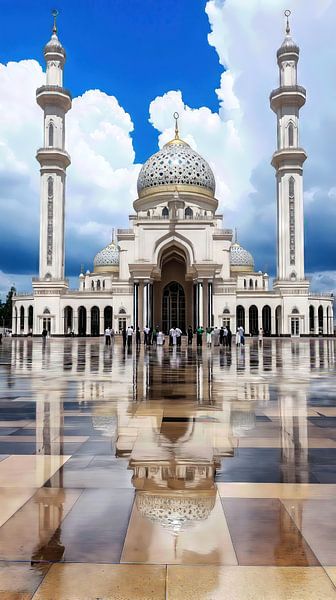 White mosque with reflection in the rain by Frank Heinz