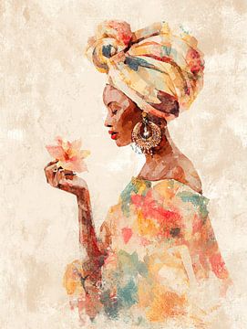 Vrouw met kleurrijke hoofddoek en bloem in aquarelstijl