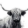 Highlander écossais noir et blanc sur Moody Mindscape