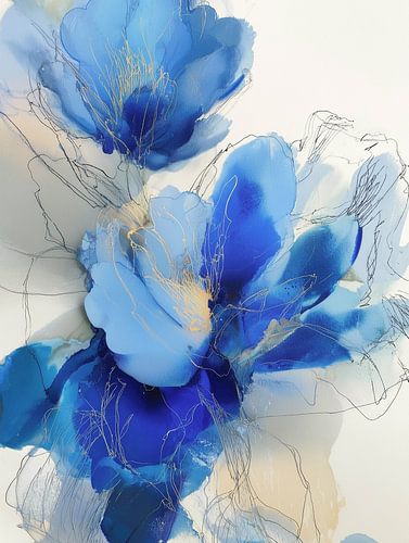 Bloei in blauw en gouden lijnen