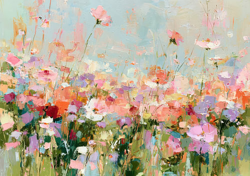 A colourful painting of meadow flowers in pastel and red