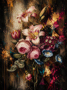 Botanical reverie een modern botanisch kunstwerk met bloemen, bladgoud en abstracte geometrie