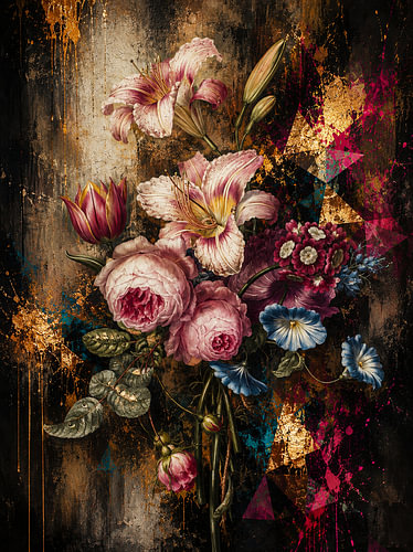 „Botanical Reverie“ – ein modernes botanisches Kunstwerk mit Blumen, Blattgold und abstrakter Geometrie