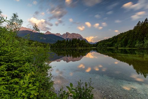 Isar reservoir Krün Upper Bavaria with reflection of Karwendel mountains