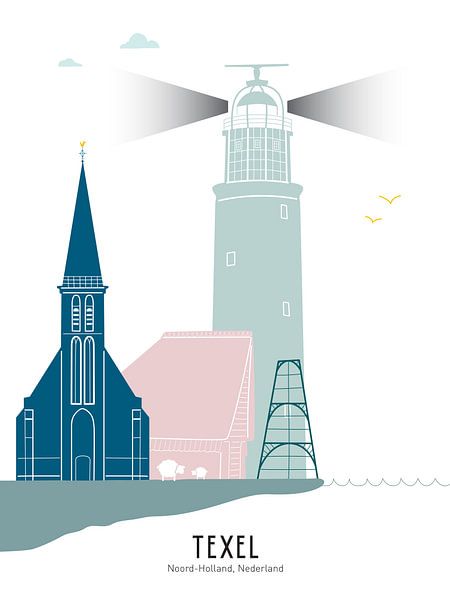 Skyline illustration wadden island Texel black-white-grey by Mevrouw Emmer