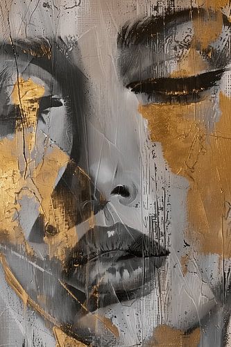 Abstract portret van een vrouw in grijs en goud variant 1 van Steinfox Art
