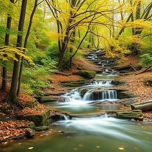 ein stiller Wasserfall, der durch den Wald fließt.