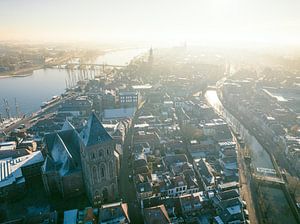 Kampen city view at the river IJssel during a cold winter sunris