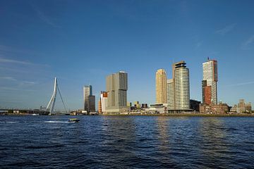 Een varende watertaxi voor de  skyline van Rotterdam met de Erasmusbrug, Nederland. van Tjeerd Kruse