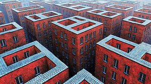 Endloses Labyrinth aus roten Backsteingebäuden