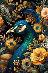 digitale collage van majestueuze pauw tussen gekleurde bloemen en planten