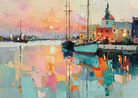 Old harbour at sunset - Impressionism by Niklas Maximilian