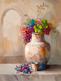 Romantic still life: Earthenware vase with grapes by Studio Pieternel