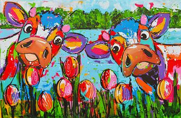 Vrolijke koeien met tulpen van Vrolijk Schilderij