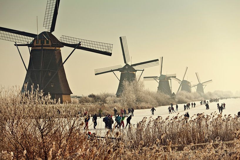 Schlittschuhlaufen für die Windmühlen von Kinderdijk von Frans Lemmens